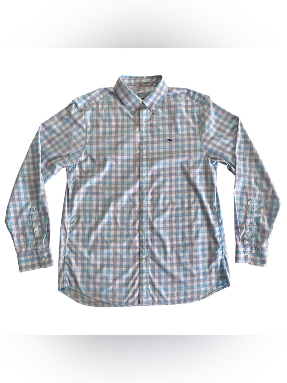 Vineyard Vines Mens Medium Performance Shirt Blue Pink Plaid Whale Button Down